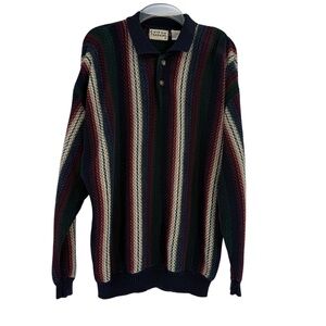 Cotton traders 3D Knit Grandpa Sweater Mens Size L Blue Gold Y2K Vintage